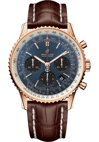Breitling Navitimer 1 B01 Chronograph 43 Watch - Red Gold Case - Blue Dial - Brown Croco Strap - RB0121211C1P2 - Luxury Time NYC