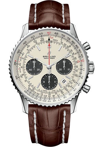 Breitling Navitimer 1 B01 Chronograph 43 Watch - Steel Case - Mercury Silver Dial - Brown Croco Strap - AB0121211G1P1 - Luxury Time NYC