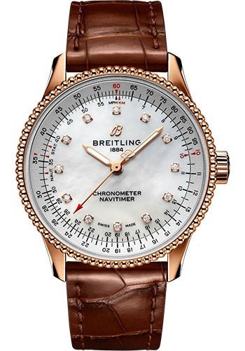Breitling Navitimer Automatic 35 Watch - 18K Red Gold - Mother-Of-Pearl Dial - Brown Alligator Leather Strap - Tang Buckle - R17395211A1P1 - Luxury Time NYC