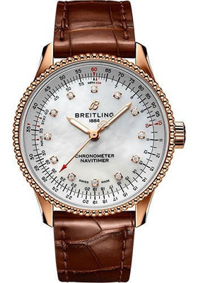 Breitling Navitimer Automatic 35 Watch - 18K Red Gold - Mother-Of-Pearl Dial - Brown Alligator Leather Strap - Tang Buckle - R17395211A1P1 - Luxury Time NYC