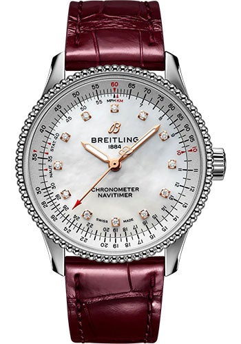 Breitling Navitimer Automatic 35 Watch - Stainless Steel - Mother-Of-Pearl Dial - Burgundy Alligator Leather Strap - Folding Buckle - A17395211A1P2 - Luxury Time NYC