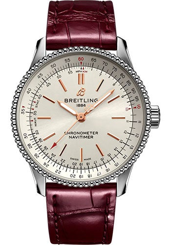 Breitling Navitimer Automatic 35 Watch - Stainless Steel - Silver Dial - Burgundy Alligator Leather Strap - Folding Buckle - A17395F41G1P2 - Luxury Time NYC