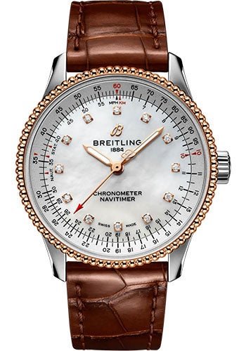 Breitling Navitimer Automatic 35 Watch - Steel and 18K Rose Gold - Mother-Of-Pearl Dial - Brown Alligator Leather Strap - Folding Buckle - U17395211A1P2 - Luxury Time NYC