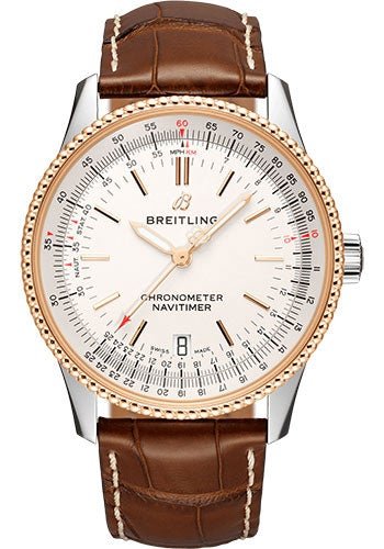 Breitling Navitimer Automatic 38 Watch - Steel & Red Gold - Silver Dial - Gold Croco Strap - Folding Buckle - U17325211G1P2 - Luxury Time NYC