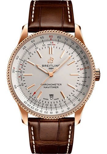Breitling Navitimer Automatic 41 Watch - 18K Red Gold - Silver Dial - Brown Alligator Leather Strap - Tang Buckle - R17326211G1P1 - Luxury Time NYC