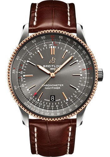 Breitling Navitimer Automatic 41 Watch - Steel and 18K Red Gold - Anthracite Dial - Brown Alligator Leather Strap - Folding Buckle - U17326121M1P2 - Luxury Time NYC