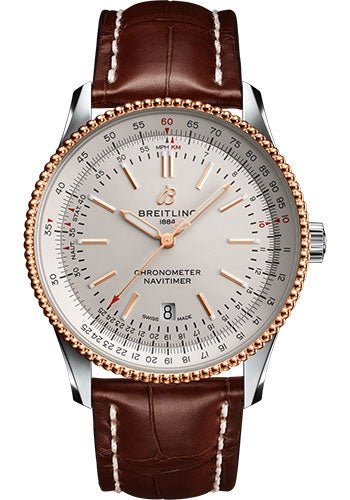 Breitling Navitimer Automatic 41 Watch - Steel & Red Gold - Silver Dial - Brown Croco Strap - Tang Buckle - U17326211G1P1 - Luxury Time NYC