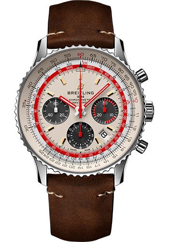 Breitling Navitimer B01 Chronograph 43 TWA Watch - Steel - White Dial - Brown Nubuck Strap - Tang Buckle - AB01219A1G1X1 - Luxury Time NYC
