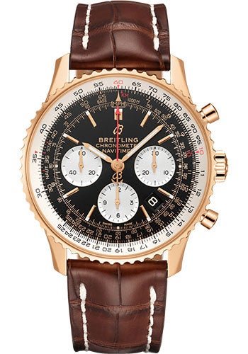 Breitling Navitimer B01 Chronograph 43 Watch - 18k Red Gold - Black Dial - Brown Croco Strap - Folding Buckle - RB0121211B1P2 - Luxury Time NYC