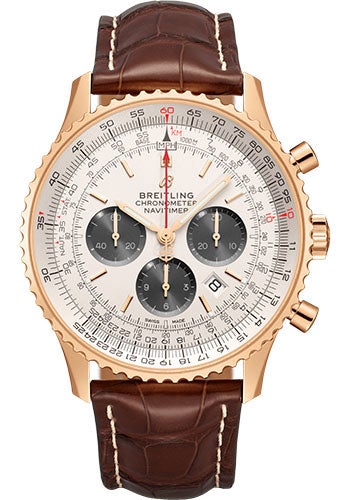 Breitling Navitimer B01 Chronograph 46 Watch - 18k Red Gold - Silver Dial - Brown Croco Strap - Folding Buckle - RB0127121G1P2 - Luxury Time NYC