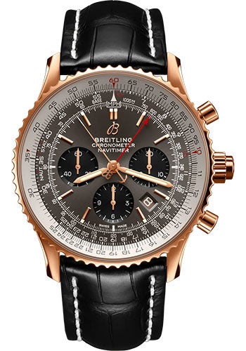 Breitling Navitimer B03 Chronograph Rattrapante 45 Watch - 18K Red Gold - Anthracite Dial - Black Alligator Leather Strap - Tang Buckle - RB0311E61F1P1 - Luxury Time NYC