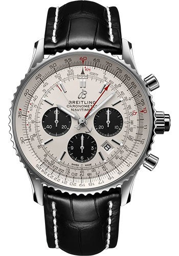 Breitling Navitimer B03 Chronograph Rattrapante 45 Watch - Stainless Steel - Silver Dial - Black Alligator Leather Strap - Folding Buckle - AB0311211G1P1 - Luxury Time NYC