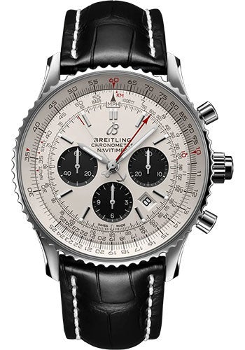Breitling Navitimer B03 Chronograph Rattrapante 45 Watch - Stainless Steel - Silver Dial - Black Alligator Leather Strap - Tang Buckle - AB0311211G1P2 - Luxury Time NYC