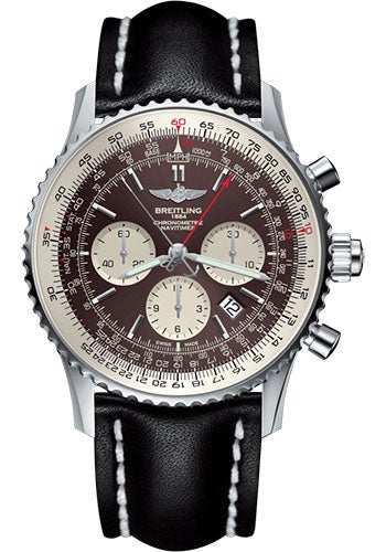 Breitling Navitimer B03 Chronograph Rattrapante 45 Watch - Steel - Panamerican Bronze Dial - Black Leather Strap - Tang Buckle - AB031021/Q615/441X/A20BA.1 - Luxury Time NYC