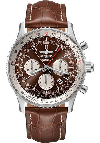 Breitling Navitimer B03 Chronograph Rattrapante 45 Watch - Steel - Panamerican Bronze Dial - Brown Croco Strap - Folding Buckle - AB0310211Q1P1 - Luxury Time NYC