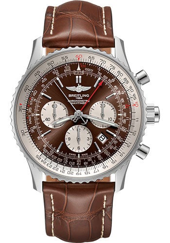 Breitling Navitimer B03 Chronograph Rattrapante 45 Watch - Steel - Panamerican Bronze Dial - Brown Croco Strap - Tang Buckle - AB0310211Q1P2 - Luxury Time NYC