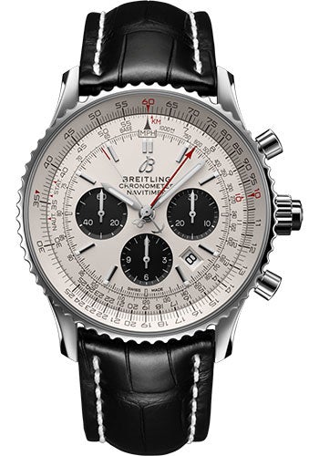 Breitling Navitimer B03 Chronograph Rattrapante 45 Watch - Steel - Silver Dial - Black Alligator Strap - Tang Buckle - AB0310211G1P2 - Luxury Time NYC