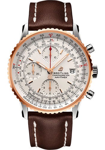 Breitling Navitimer Chronograph 41 Watch - Steel and 18K Red Gold - Silver Dial - Brown Calfskin Leather Strap - Folding Buckle - U13324211G1X2 - Luxury Time NYC