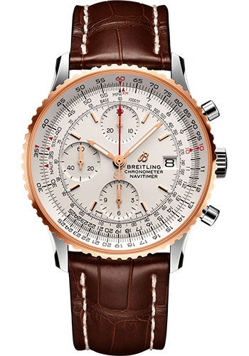 Breitling Navitimer Chronograph 41 Watch - Steel & Red Gold - Mercury Silver Dial - Brown Alligator Strap - Folding Buckle - U13324211G1P2 - Luxury Time NYC