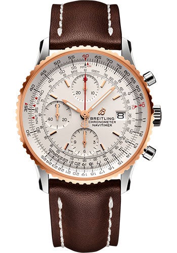 Breitling Navitimer Chronograph 41 Watch - Steel & Red Gold - Mercury Silver Dial - Brown Leather Strap - Tang Buckle - U13324211G1X1 - Luxury Time NYC