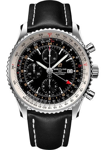 Breitling Navitimer Chronograph GMT 46 Watch - Stainless Steel - Black Dial - Black Calfskin Leather Strap - Folding Buckle - A24322121B2X2 - Luxury Time NYC