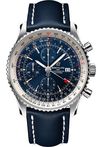 Breitling Navitimer Chronograph GMT 46 Watch - Stainless Steel - Blue Dial - Blue Calfskin Leather Strap - Folding Buckle - A24322121C2X2 - Luxury Time NYC