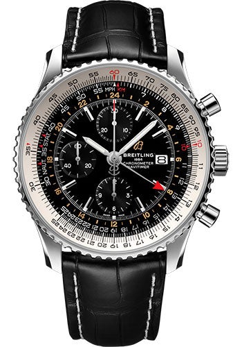 Breitling Navitimer Chronograph GMT 46 Watch - Steel - Black Dial - Black Alligator Strap - Folding Buckle - A24322121B2P2 - Luxury Time NYC
