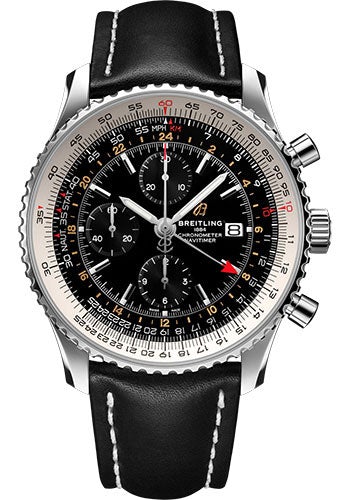 Breitling Navitimer Chronograph GMT 46 Watch - Steel - Black Dial - Black Leather Strap - Tang Buckle - A24322121B2X1 - Luxury Time NYC