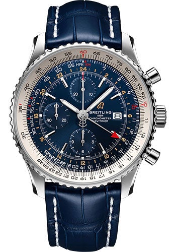 Breitling Navitimer Chronograph GMT 46 Watch - Steel - Blue Dial - Blue Alligator Strap - Folding Buckle - A24322121C2P2 - Luxury Time NYC