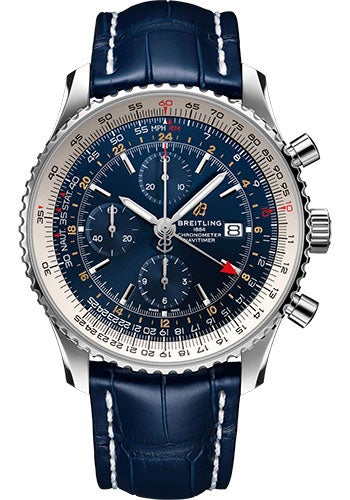 Breitling Navitimer Chronograph GMT 46 Watch - Steel - Blue Dial - Blue Croco Strap - Tang Buckle - A24322121C2P1 - Luxury Time NYC