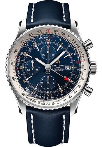 Breitling Navitimer Chronograph GMT 46 Watch - Steel - Blue Dial - Blue Leather Strap - Tang Buckle - A24322121C2X1 - Luxury Time NYC