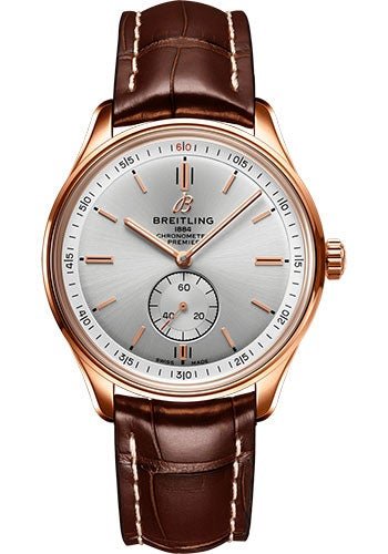 Breitling Premier Automatic 40 Watch - 18k Red Gold - Silver Dial - Brown Alligator Strap - Tang Buckle - R37340351G1P1 - Luxury Time NYC