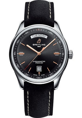 Breitling Premier Automatic Day & Date Watch - 40mm Steel Case - Black Dial - Black Nubuck Strap - A45340241B1X2 - Luxury Time NYC