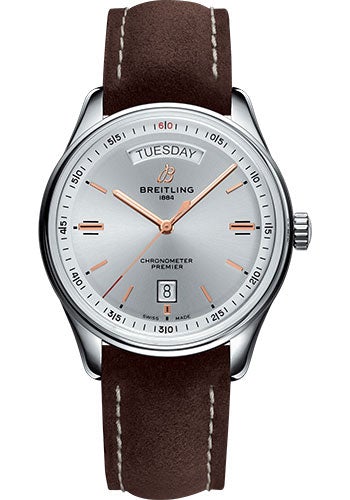 Breitling Premier Automatic Day & Date Watch - 40mm Steel Case - Silver Dial - Brown Nubuck Strap - A45340211G1X1 - Luxury Time NYC