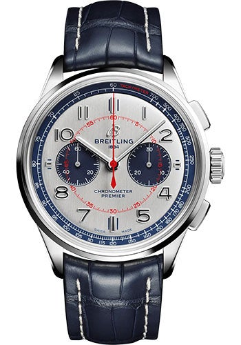 Breitling Premier B01 Chronograph 42 Bentley Mulliner Limited Edition Watch - Stainless Steel - Silver Dial - Blue Alligator Leather Strap - Folding Buckle Limited Edition of 1000 - AB0118A71G1P1 - Luxury Time NYC
