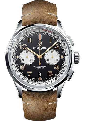Breitling Premier B01 Chronograph 42 Norton Watch - Steel - Black Dial - Brown Leather Strap - Tang Buckle - AB0118A21B1X2 - Luxury Time NYC