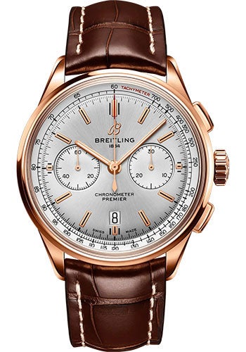 Breitling Premier B01 Chronograph 42 Watch - 18K Red Gold - Silver Dial - Brown Alligator Leather Strap - Tang Buckle - RB0118371G1P1 - Luxury Time NYC
