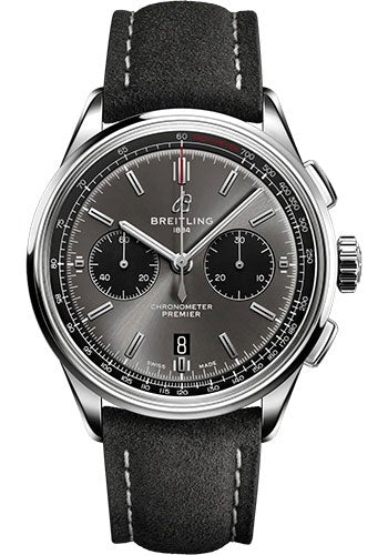 Breitling Premier B01 Chronograph 42 Watch - Stainless Steel - Anthracite Dial - Anthracite Calfskin Leather Strap - Tang Buckle - AB0118221B1X2 - Luxury Time NYC