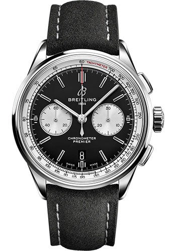 Breitling Premier B01 Chronograph 42 Watch - Stainless Steel - Black Dial - Anthracite Calfskin Leather Strap - Folding Buckle - AB0118371B1X1 - Luxury Time NYC