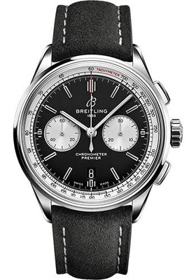 Breitling Premier B01 Chronograph 42 Watch - Stainless Steel - Black Dial - Anthracite Calfskin Leather Strap - Folding Buckle - AB0118371B1X1 - Luxury Time NYC