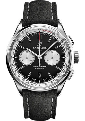 Breitling Premier B01 Chronograph 42 Watch - Stainless Steel - Black Dial - Anthracite Calfskin Leather Strap - Tang Buckle - AB0118371B1X2 - Luxury Time NYC