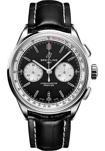 Breitling Premier B01 Chronograph 42 Watch - Stainless Steel - Black Dial - Black Alligator Leather Strap - Folding Buckle - AB0118371B1P1 - Luxury Time NYC