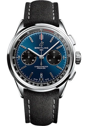Breitling Premier B01 Chronograph 42 Watch - Stainless Steel - Blue Dial - Anthracite Calfskin Leather Strap - Folding Buckle - AB0118221C1X3 - Luxury Time NYC