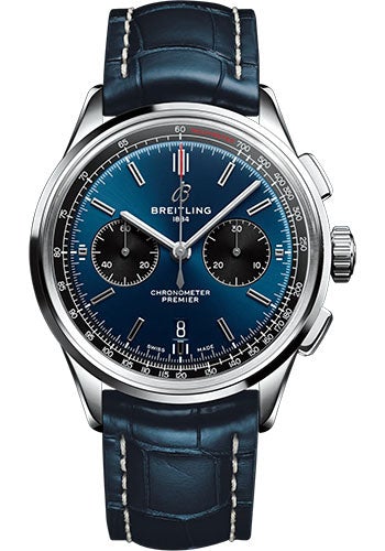 Breitling Premier B01 Chronograph 42 Watch - Stainless Steel - Blue Dial - Blue Alligator Leather Strap - Tang Buckle - AB0118221C1P2 - Luxury Time NYC