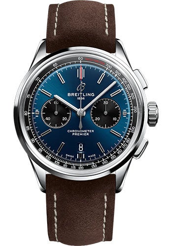 Breitling Premier B01 Chronograph 42 Watch - Stainless Steel - Blue Dial - Brown Calfskin Leather Strap - Folding Buckle - AB0118221C1X1 - Luxury Time NYC