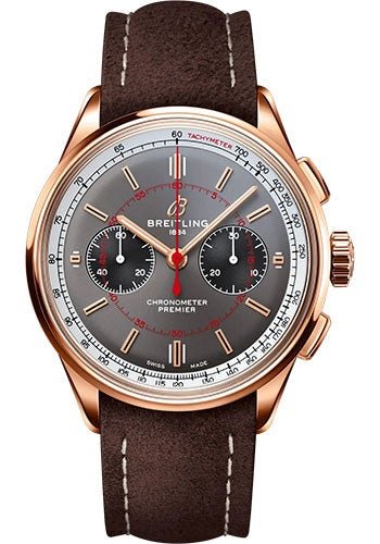 Breitling Premier B01 Chronograph 42 Wheels and Waves Limited Edition Watch - 18K Red Gold - Anthracite Dial - Brown Calfskin Leather Strap - Tang Buckle Limited Edition of 100 - RB0118A31B1X1 - Luxury Time NYC