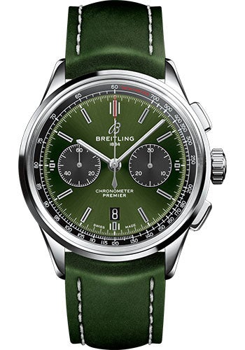 Breitling Premier B01 Chronograph Bentley Watch - 42mm Steel Case - Green Dial - Green Leather Strap - AB0118A11L1X1 - Luxury Time NYC