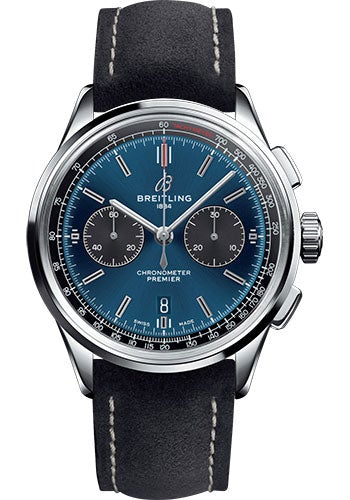 Breitling Premier B01 Chronograph Watch - 42mm Steel Case - Blue Dial - Anthracite Nubuck Strap - AB0118A61C1X2 - Luxury Time NYC