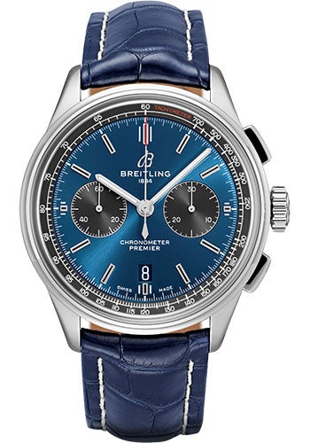 Breitling Premier B01 Chronograph Watch - 42mm Steel Case - Blue Dial - Blue Croco Strap - AB0118A61C1P1 - Luxury Time NYC