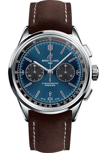 Breitling Premier B01 Chronograph Watch - 42mm Steel Case - Blue Dial - Brown Nubuck Strap - AB0118A61C1X1 - Luxury Time NYC